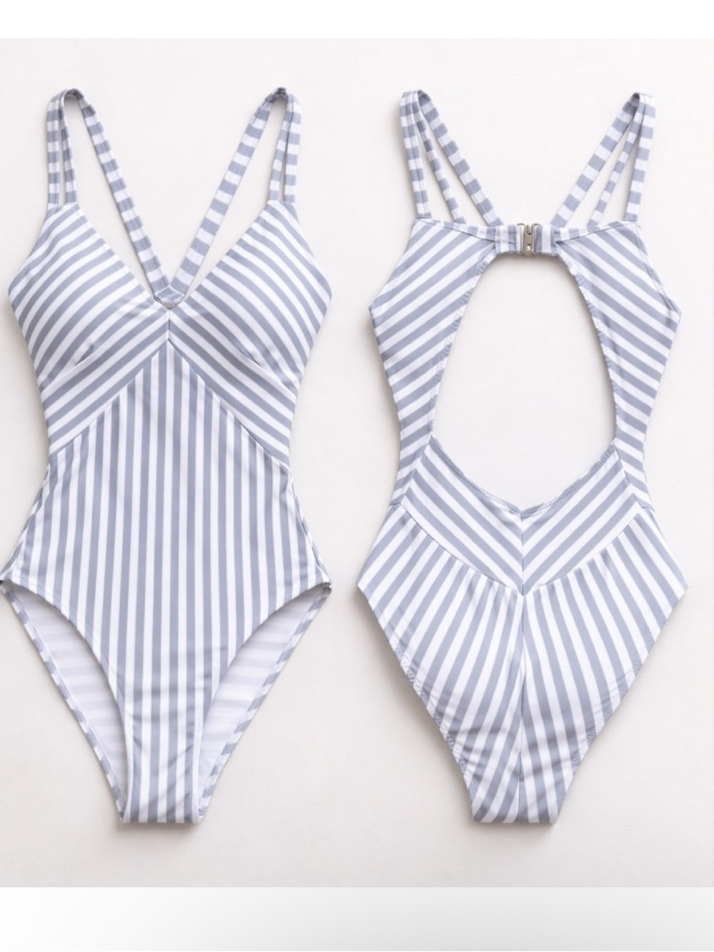 NWT Cupshe Gray White Striped One Piece Swimsuit Adjustable Straps Size M